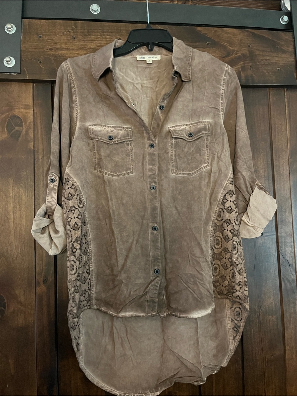 Vintage-Inspired Taupe Button-Down Shirt with Lace Side Panels. New.